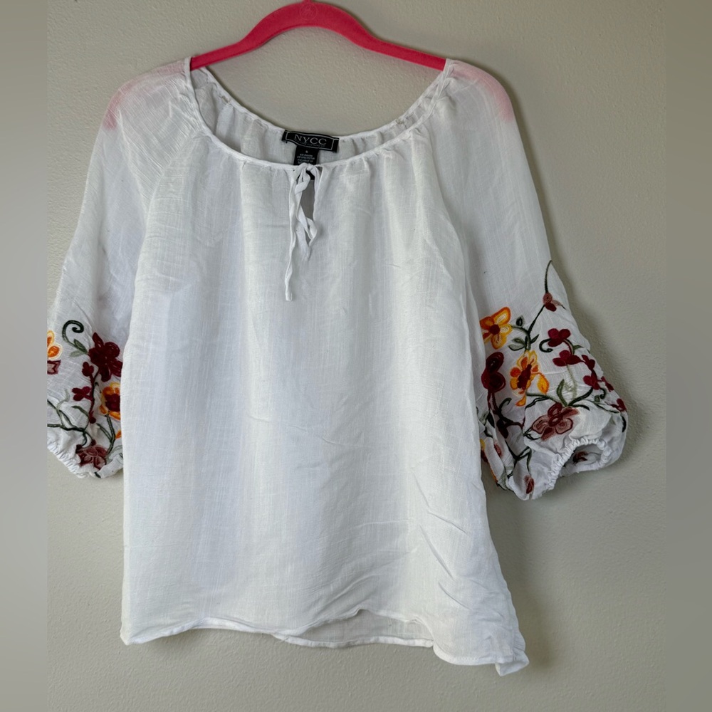 NYCC White Peasant Blouse with Multicolor Floral Embroidered Sleeves